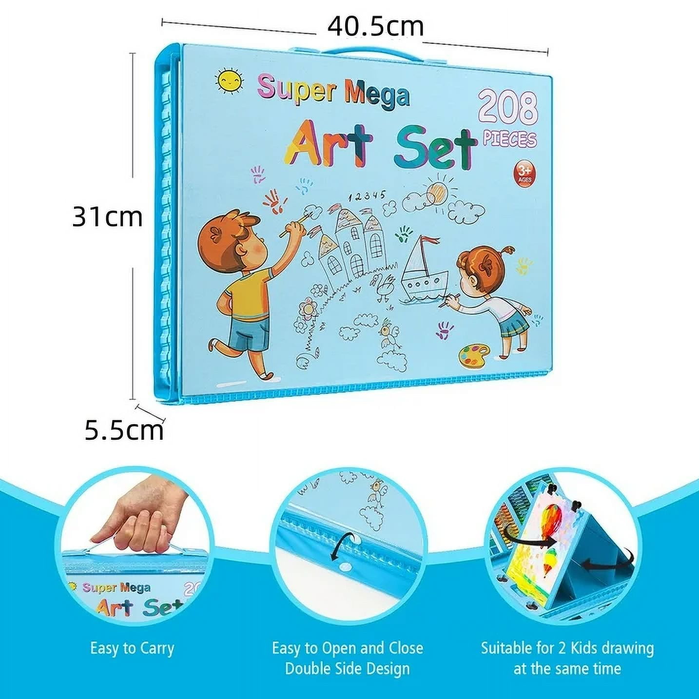 208-Pack Art Supplies, Deluxe Portable Art Set Crafts Drawing Painting Coloring Kit, Kids Adults Art Set with Double Sided Trifold Easel,Creative Gift Box for Artist Beginners Kids Girls Boys,Blue