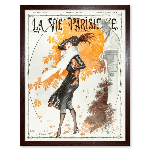 Vintage French Fashion La Vie Parisienne Fall Fashion Woman Dog Magazine Cover Art Print Framed Poster Wall Decor 12x16 inch