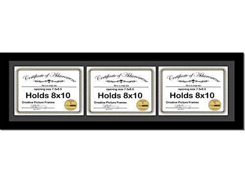 Black Horizontal 6x8 Triple Diploma Frame with 3 Opening Black Matting 8x26bk-b Holds 3 6x8 inch Documents with Installed Wall Hanger CreativePF 