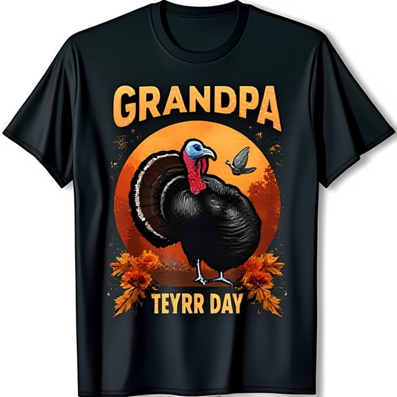 Thanksgiving Grandpa T-Shirt Black Tee with Turkey & Fall Leaves Graphic
