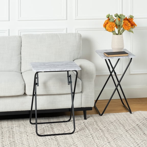 FurnitureR Folding Game Tables – Set of 2, Lightweight White Marble Finish, Foldable Portable Snack Tables, Metal Frame for Sofa, Bed, Couch, or Playroom Use
