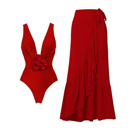 Wyobmus Women s 3 Piece Swimsuits Summer Bikini Sets With Solid Color Cover Up Skirt One Pice Deep V Neck Bathing Suits Red