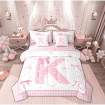 Manfei Initial Letter K Bedding Comforter Set 7-Piece, Cute Princess Bowknot King Bedding Sets, Teens Boys Girls Kids Reversible Bed Sheets, Breathable Home Decor