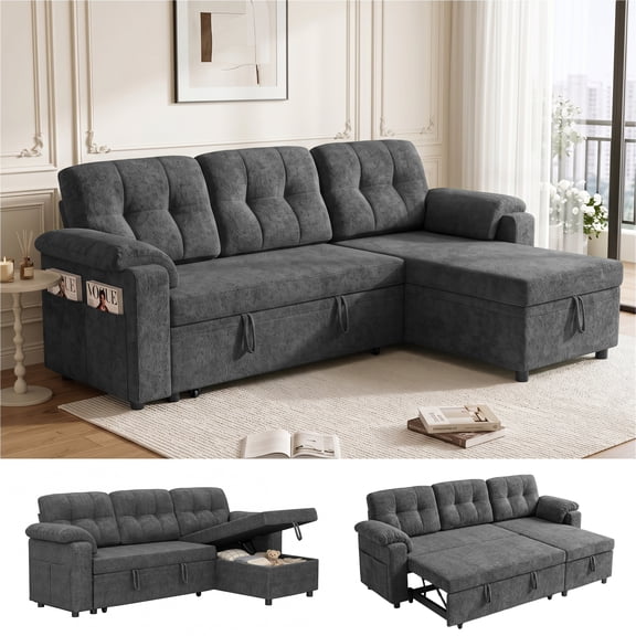 Xiweot Convertible Sectional Sleeper Sofa, 82" L Shaped Sofa Bed with Storage Chaise, Pull Out Couch & Wide Armrests, Teddy Fabric 3 Seater Sectional Couch for Living Room Apartment (Dark Gray)