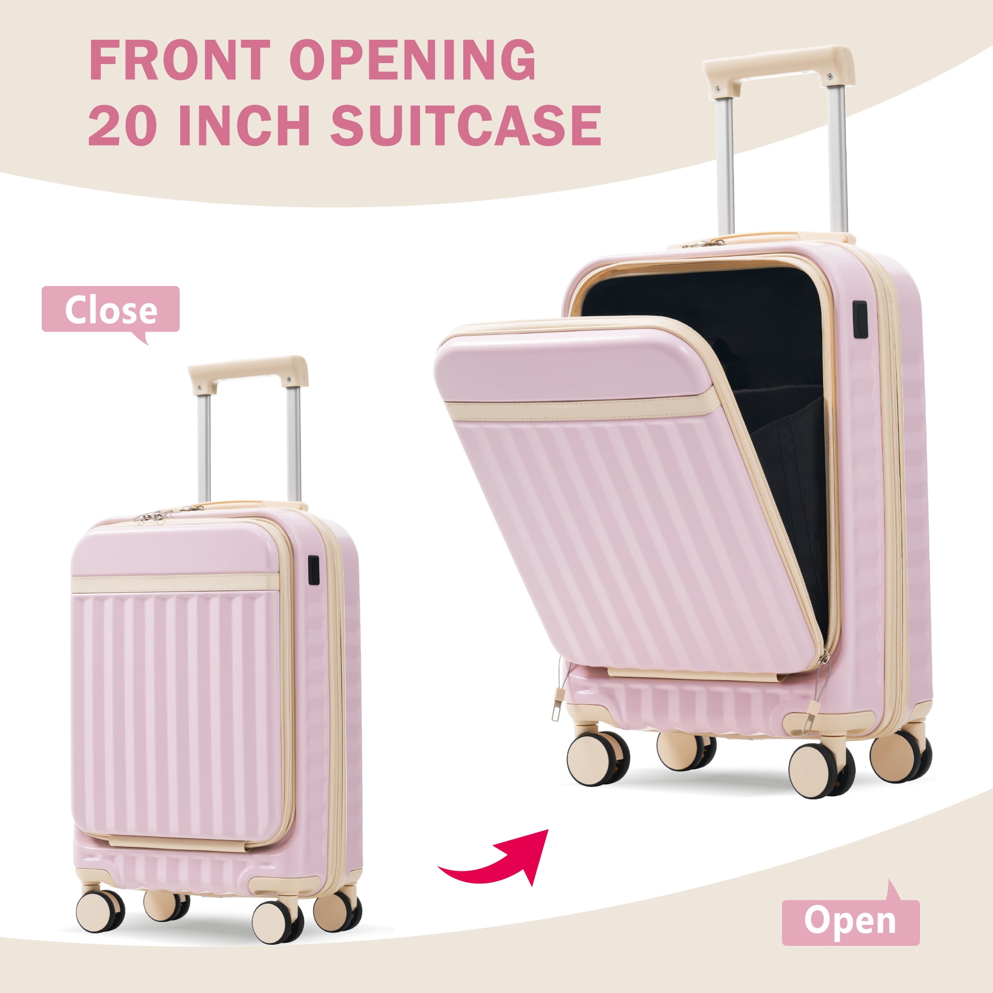MAYEERTY 3-Piece Luggage Set: Front Opening 20" with USB Port+ Expandable 24" Hardside Suitcase + Tote Bag, Pink