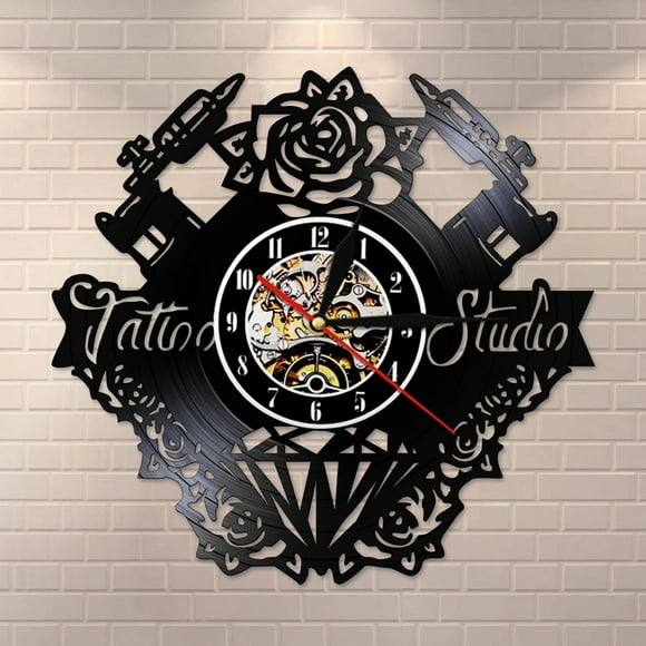 Tattoo Studio Vinly Record Wall Clock Tattoo Salon Tattoo Gun Flower Wall Art Silent Retro Clock Watch Home Decor Tattooist Gift