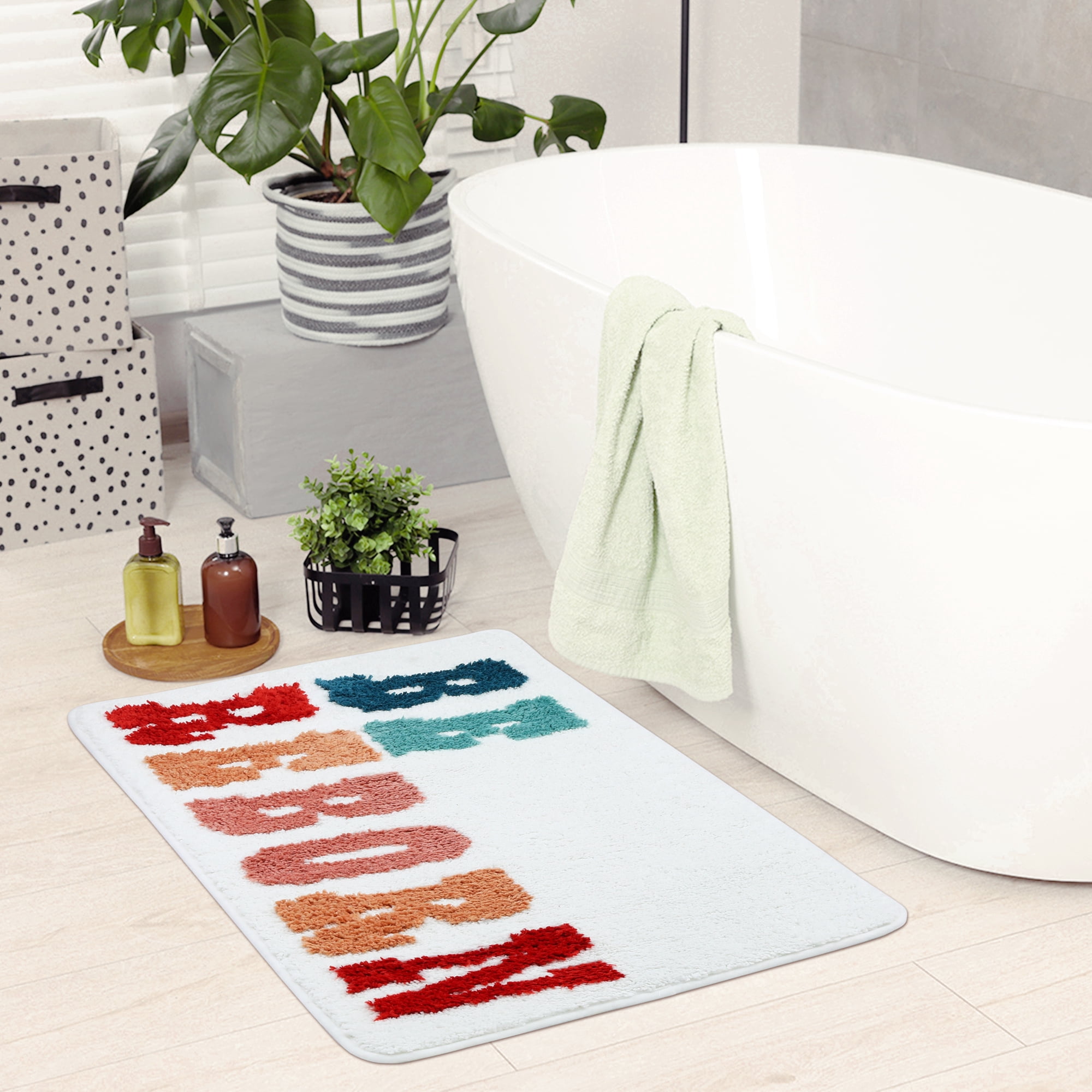 Unique Bargains Cute Letter Pattern Non-Slip Bath Rugs Soft Bath Floor Rug Beige 16" x 24"