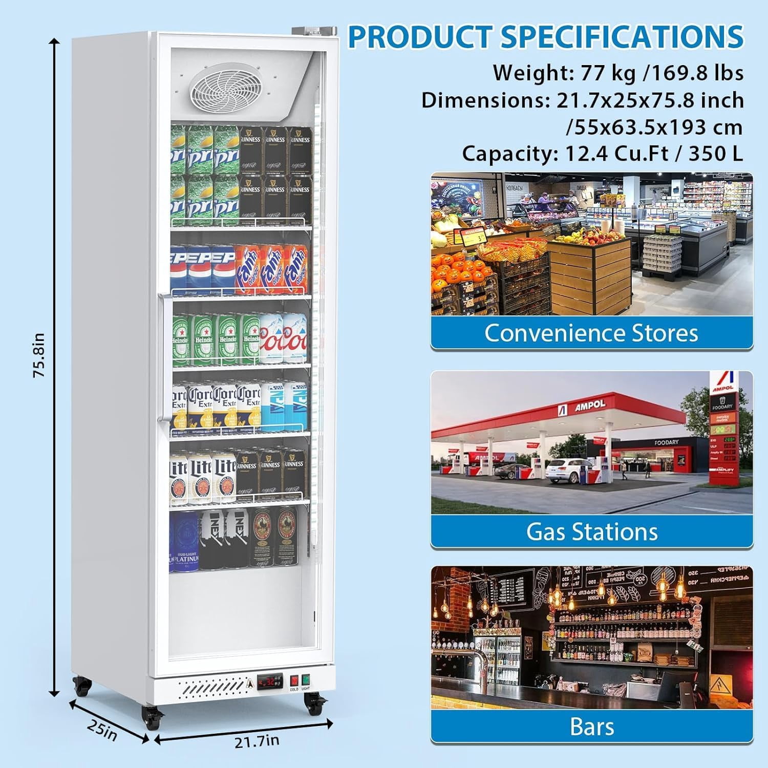 Homhougo Commercial Refrigerator, 12.4 Cu Ft Display Refrigerator Commercial, Upright Beverage Cooler With Reinforced Glass Door Fridge, Adjustable Shelves, Drink Organizers, Soft Led Light, White