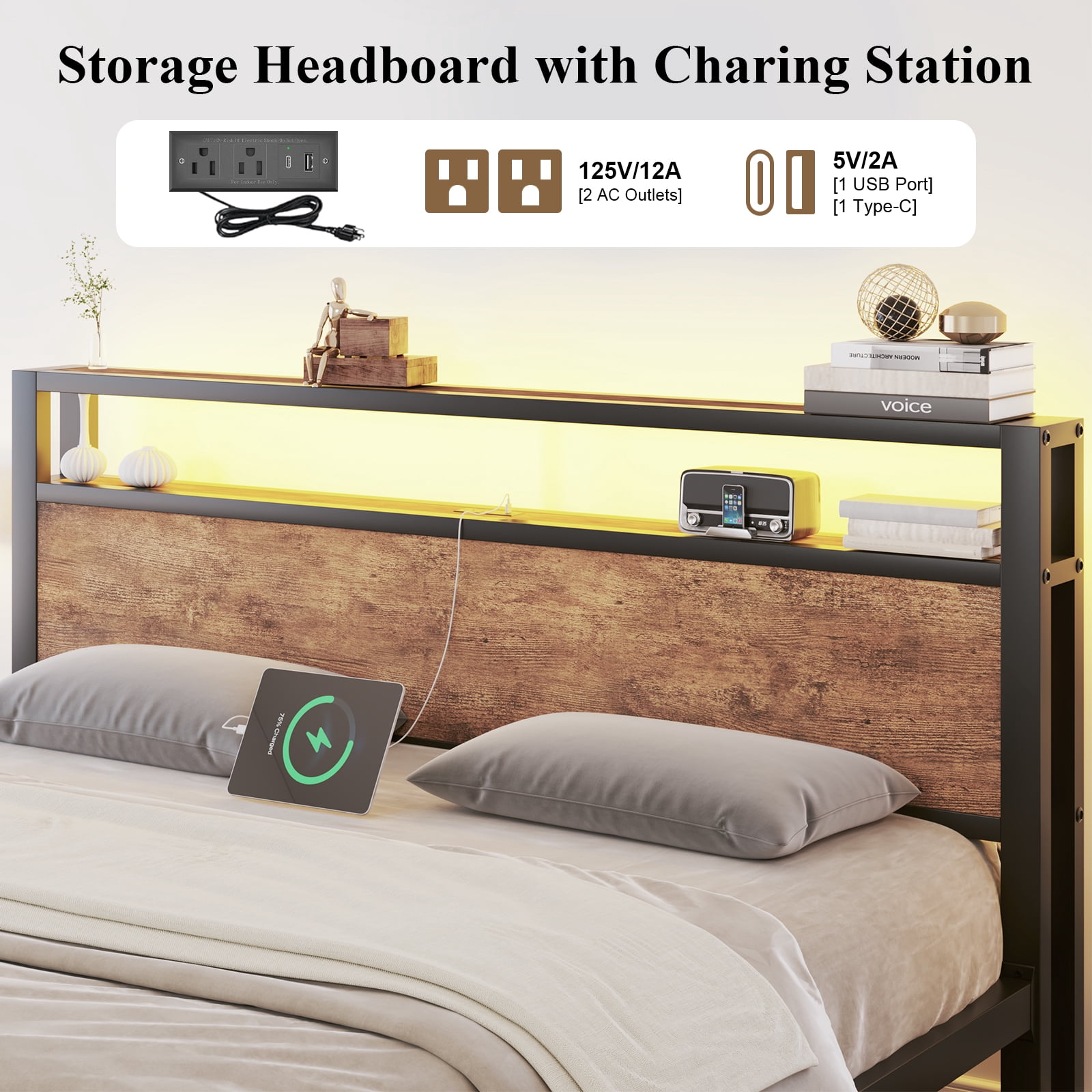 Full Size Bed Frame with LED Lights,Metal Platform Bed with 2-Tier Storage Headboard and Charging Station, Brown