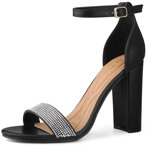 Sandalias de tacón grueso con correa en el tobillo con diamantes de imitación y punta abierta para mujer Negro 36