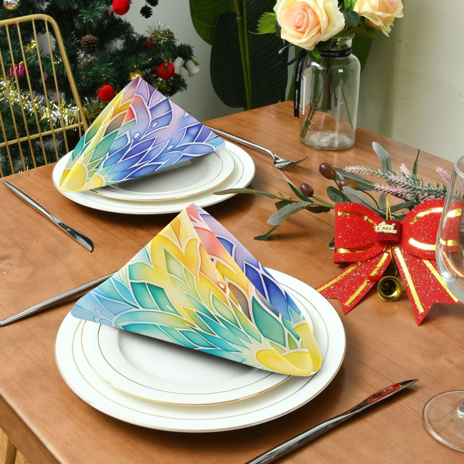 JSTEL Rainbow Mandala Colorful Cloth Napkins Set of 6, 20x20 Inch Washable and Reusable Napkin for Decoupage Dinner Party Everyday Use
