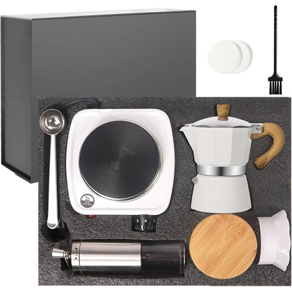 7-in-1 Aluminum Moka Pot Set with Electric Stove Hand Grinder Moka Dispenser Classic Stovetop Espresso Coffee Maker 150ml 5oz Mocha Express Portable Camping Travel Cafe Makers 3 Cup