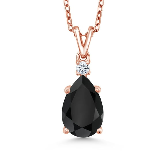 Gem Stone King 18K Rose Gold Plated Silver Black Onyx and White Moissanite Pendant Necklace for Women | 2.84 Cttw | Pear Shape 12X8MM | with 18 inch Silver Chain