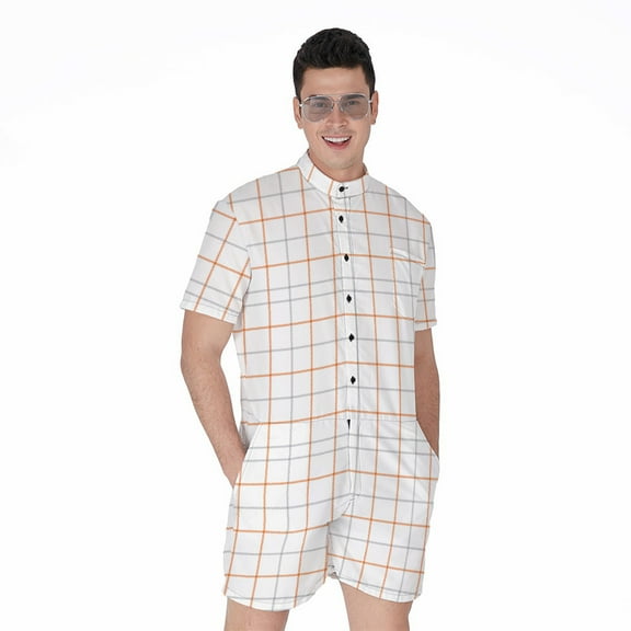White Halloween Tattersall Pattern Short Sleeve Men'S Rompers, Halloween Decorative Casual Summer Jumpsuits Outfit