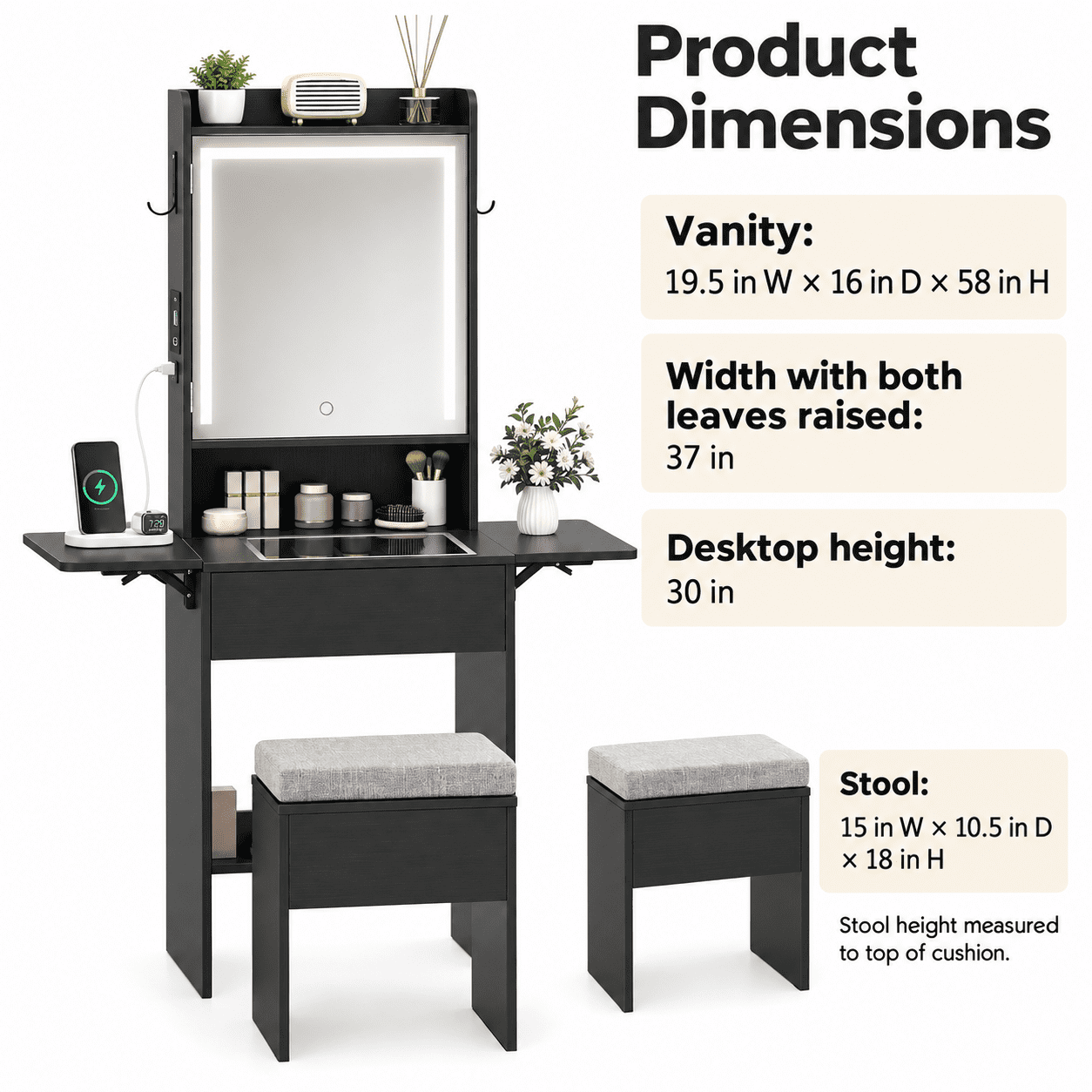 Furnibear Space-Saving Vanity Desk with Mirror and Lights, Foldable Makeup Vanity Table and Storage Stool with Charging Station for Bedroom, Black