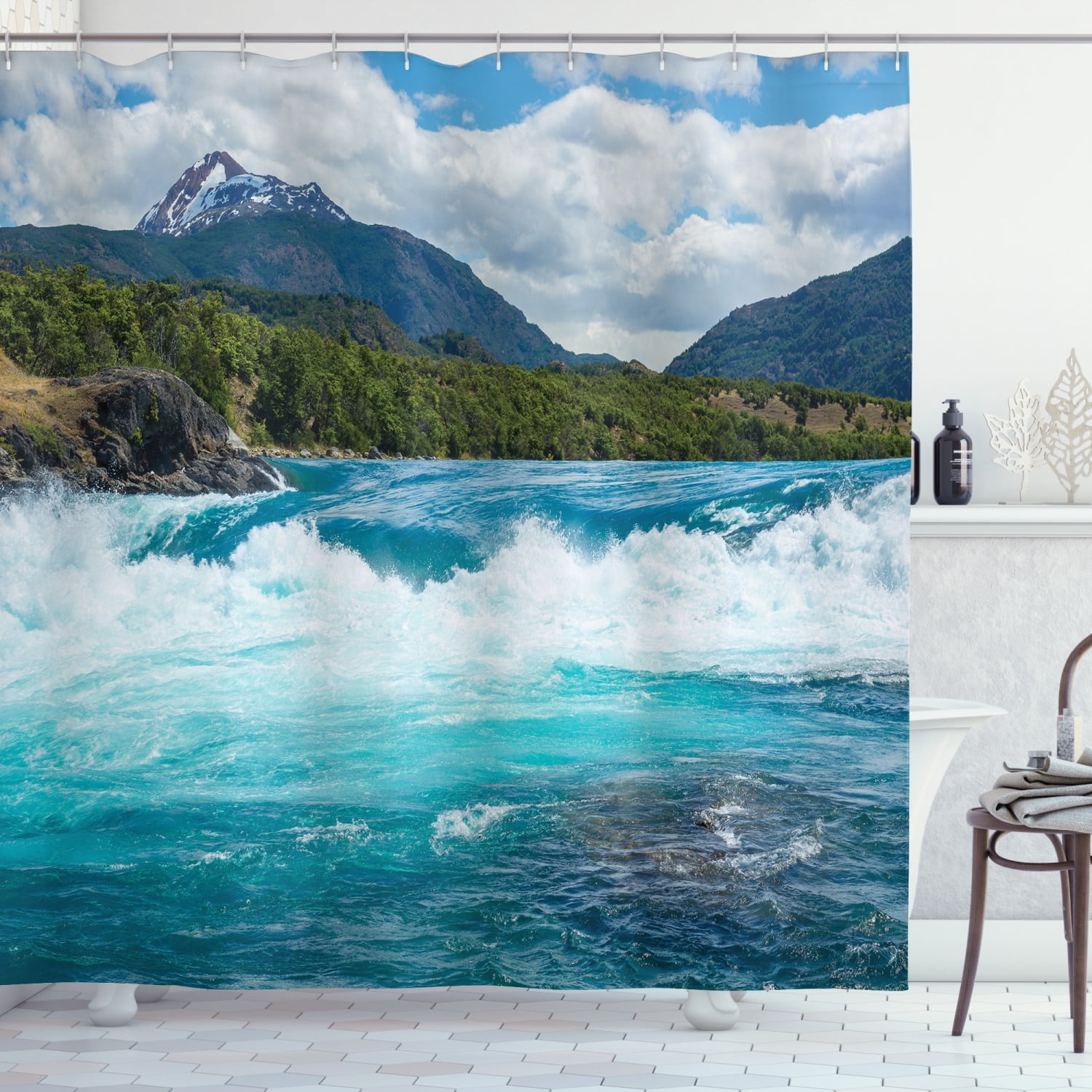 Lake House Decor Shower Curtain Set, Flowing River Rapids Cloudy Snowy