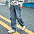 thumbnail image 5 of Boys Wide Leg Jeans, Solid Color Loose Straight Leg Full Length, Casual Fashion Denim Pants For Kids Light Blue 14-15Years, 5 of 8