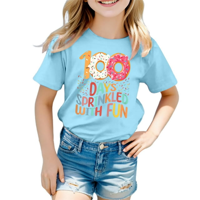 LUOGENLI T-Shirt pour Filles Enfants Mode Décontractée Imprimé Col Rond Ample Manche Courte T-Shirt Haut Chemises pour Filles Denim Fluide Bleu Clair 3-4 Ans