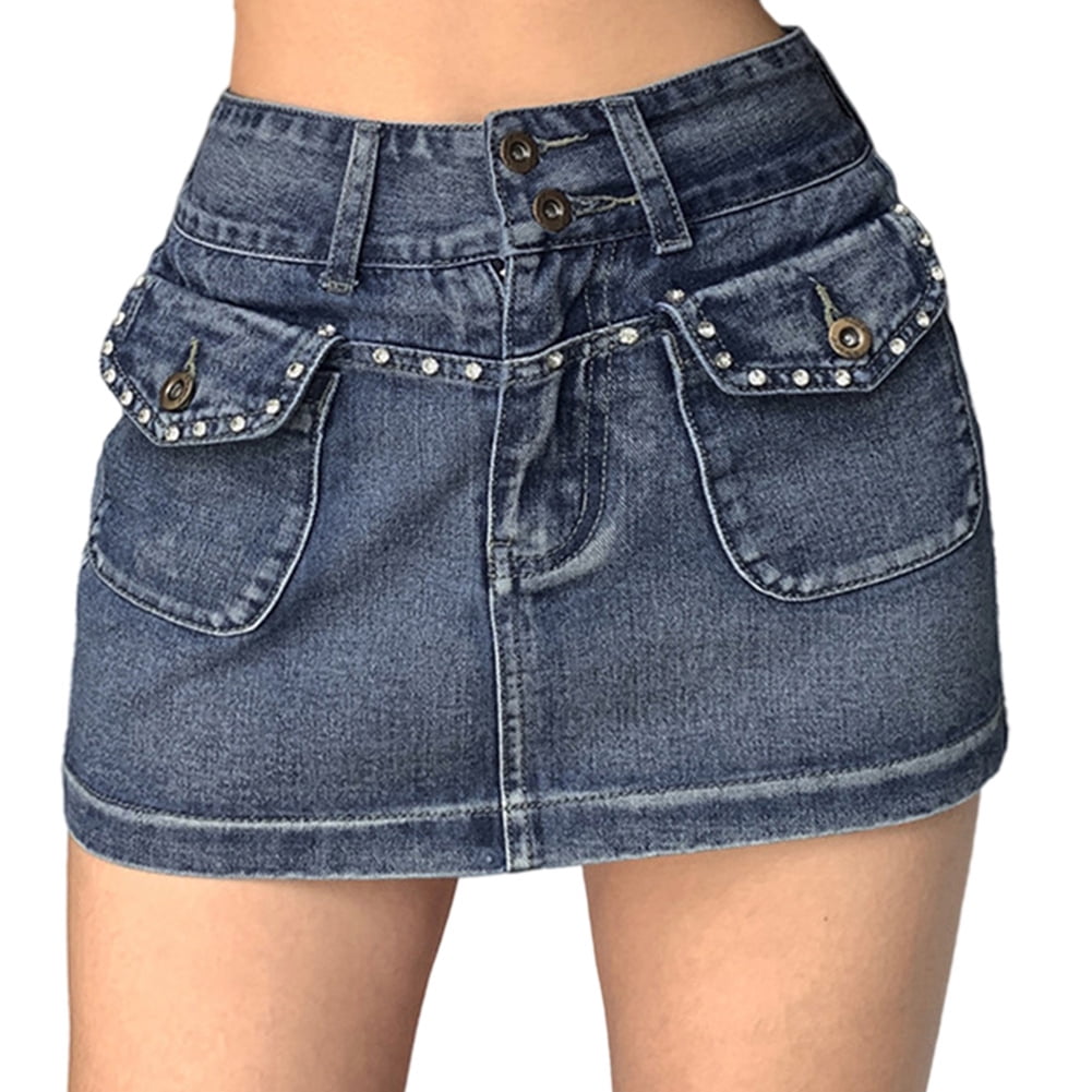 Video available Blue L Denim Skirt Women s Fashion Street Hot Girl Style Retro Washed Low Waist Pocket Stud Drill Hot Drill Double Button Waist Blue Hip Skirt Walmart