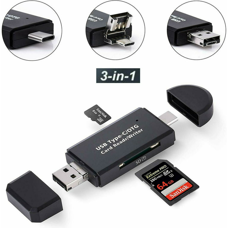 behandeling huiswerk Word gek Type C Card Reader, 3-in-1 USB 2.0 Portable Memory Card Reader and Micro USB  to USB C OTG Adapter for SD-3C SDXC SDHC MMC RS-MMC UHS-I Cards. -  Walmart.com