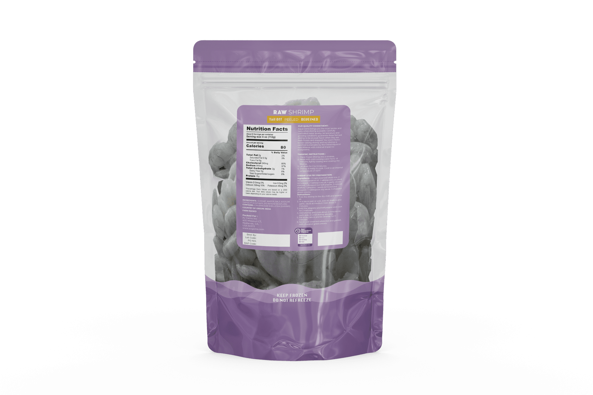 Aqua Gems Frozen Raw Large Peeled and Deveined Shrimp Value Bag, 32 oz (31-40 count per lb)