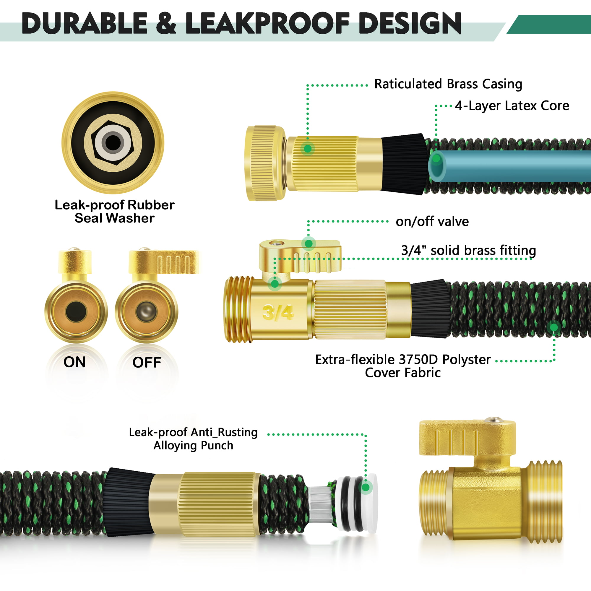 4 Layers Latex 50ft Heavy-duty 5-in-1 Water Gardening Hose with 9 Function Alloy Sprayer Nozzle No Kink Flexible Water Hose with 3/4 Solid Brass Fittings （Green） Expandable Garden Hose 