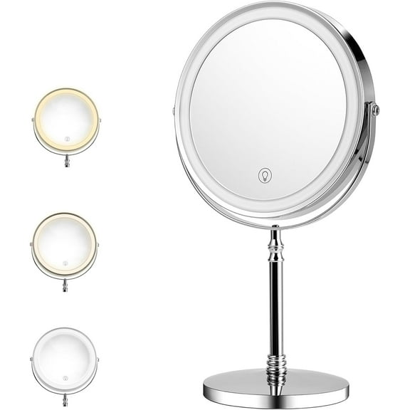 Lighted Makeup Mirror, 8" Rechargeable Double Sided Magnifying Mirror with 3 Colors, 1x/10x 360° Rotation Touch Screen Vanity Mirror, Brightness Adjustable Magnification Cosmetic Light up Mirror