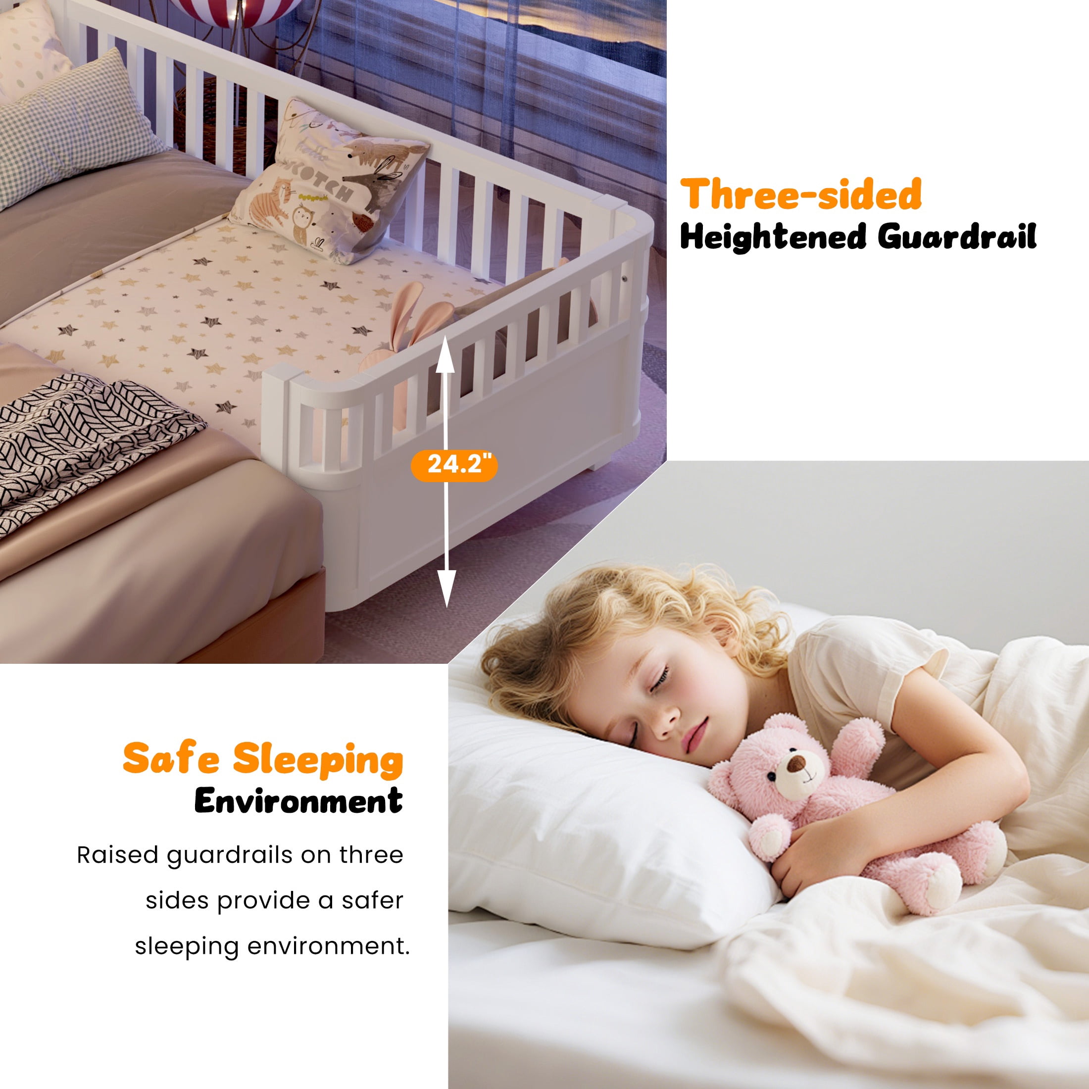 PORKISS Twin Size Bed with Fence for Kids, Solid Wood Twin Platform Bed Frame with Slats and Safety Guardrails for Girls Boys, Removable Guardrail, No Box Spring Needed, White