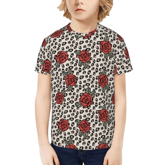 Fuzoiu Leopard Print Rose Print Boys' Casual T-Shirt,Crewneck Undershirts,Boys Athletic Shirt,Short Sleeve T-Shirts for Outdoor Play