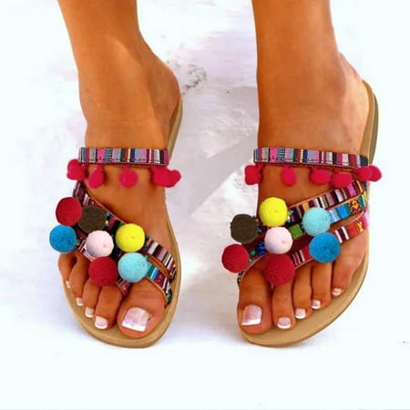 

Ladies Fashion Summer Colorful Cloth Plush Ball Decor Boho Flat Sandals Quilted Sandals for Women Womens Slide on Sandals