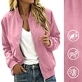 thumbnail image 2 of Womens Stand Collar Bomber Jacket Zip Up Long Sleeve Lightweight Casual Baseball Outwear Coat Loose Fit Daily Streetwear Tops Pink,L, 2 of 9