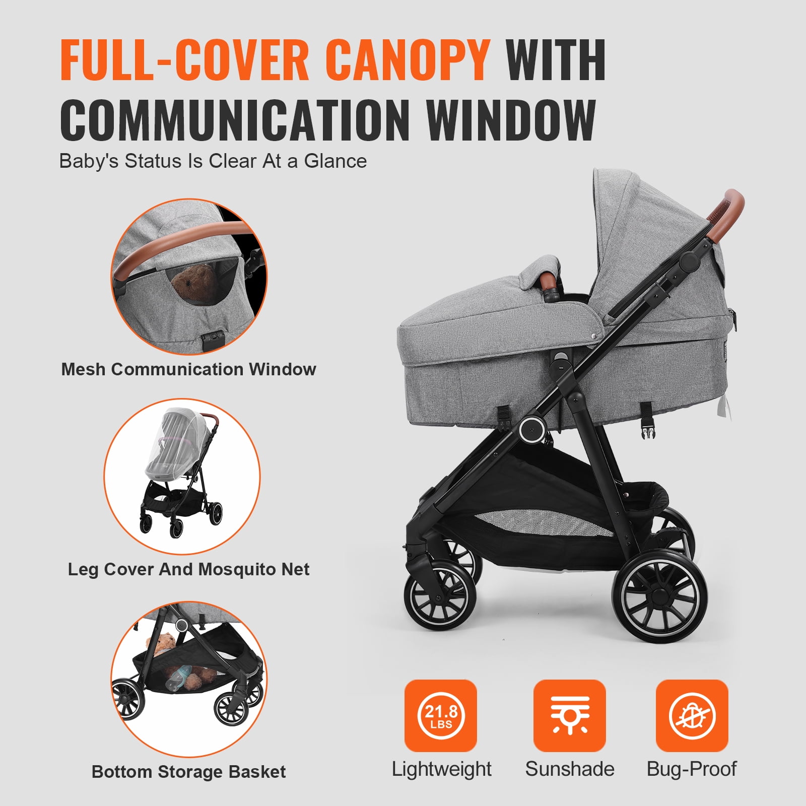 KFFKFF 2 in 1 Convertible Baby Stroller, Foldable Infant Newborn Bassinet Pram, Unisex Travel Stroller for Newborn Baby, Dark Grey