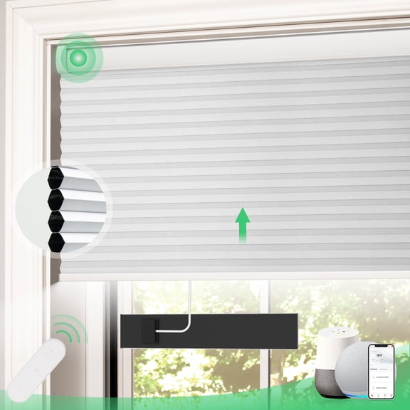 Motorized Cellular Shades with Remote Control Smart Cordless Honeycomb Blinds Blackout Rechargeable Automatic blinds with Free Solar Panel, Electric Blinds for Privacy Protection, 34" W x 64"H White