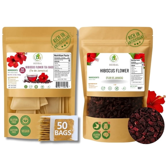 Jamaica (Hibiscus) Tea Combo – 50 Tea Bags (2 g Each) + 4 oz Loose Dried Hibiscus Flowers – 100% Natural | Vegan | Non-GMO | Sugar-Free | Caffeine-Free  – by BexpertsUSA