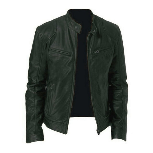 Men's Faux Leather Jacket Stand Collar Motorcycle Leather Jackets Casual Lightweight Zip Up Biker Coat