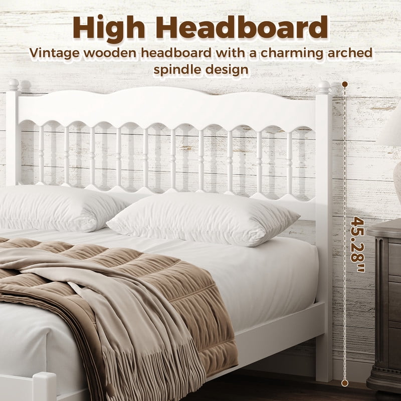 Full Size Retro Countryside Style Wooden Bed Frame with Spindle Headboard, Low Profile Platform Bed with No Box Spring Required