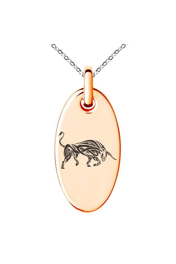 Stainless Steel Celtic Bull Rune Engraved Small Oval Charm Pendant Necklace