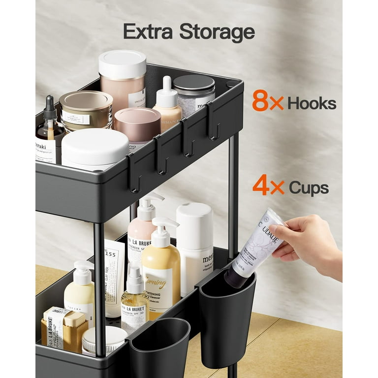 Dark Grey 3-Tier Rolling Cart Hanging Organizer Cup