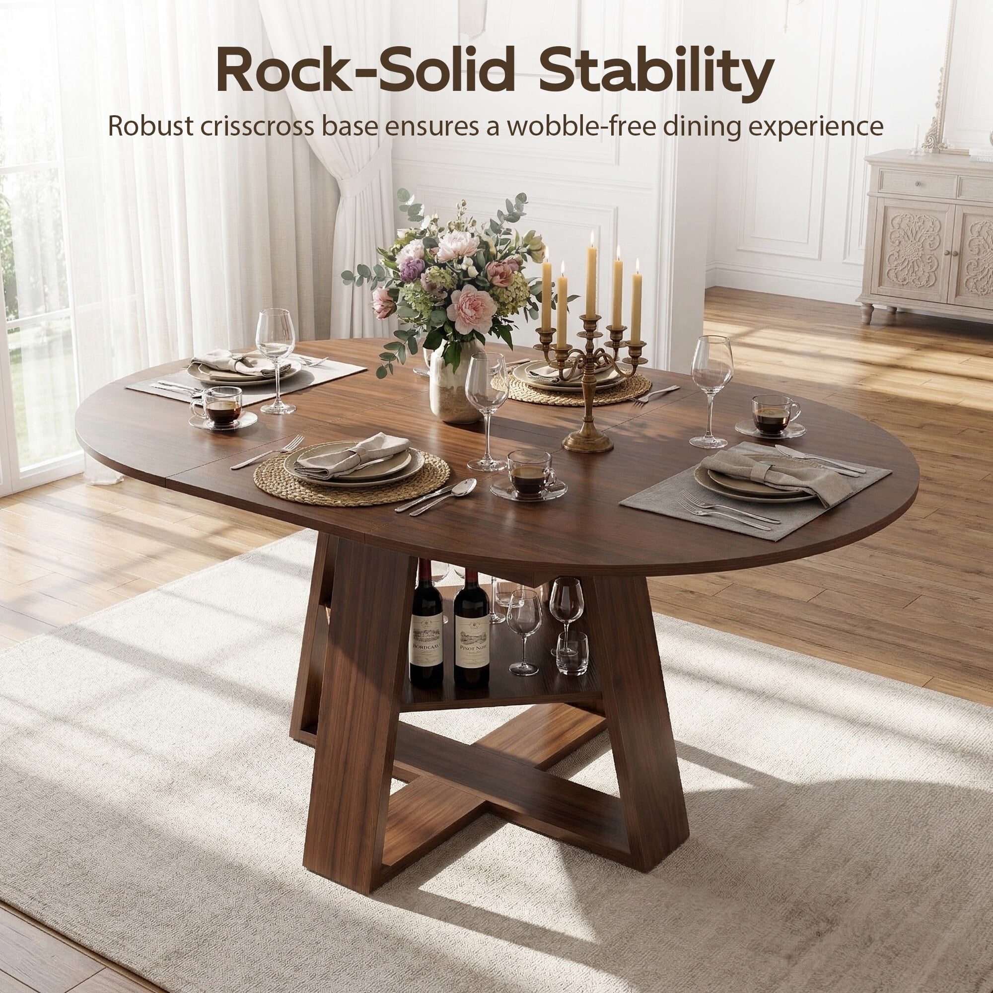 AENKYO 43" Extendable Dining Table for 4-6, Butterfly Leaf Table with Crisscross Storage Base, Walnut Finish