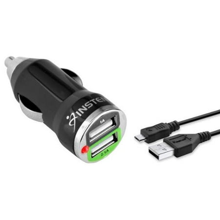 Insten Black Dual USB Port Car Charger Adapter + Micro USB Charging Cable For Samsung Galaxy S7 S6 Edge S5 S4 S3 S2 Note 5 4 J7 Sky Pro J3 Luna Pro LG K7 G Stylo 3 2 HTC M8 626