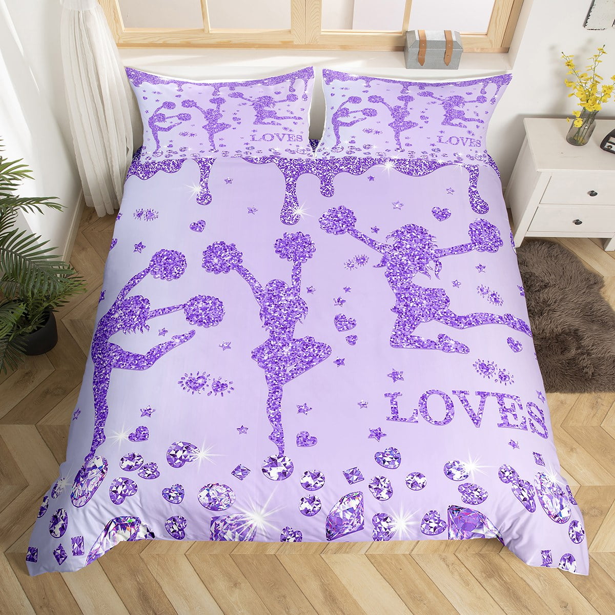 Kids Purple Cheer Sports Bedding Sets For Girls,Glitter Sequins Diamond Duvet Cover Twin