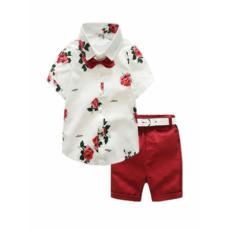 

Seyurigaoka Boys White Short Sleeve Printed Shirt and Rre Shorts Two-piece Suit