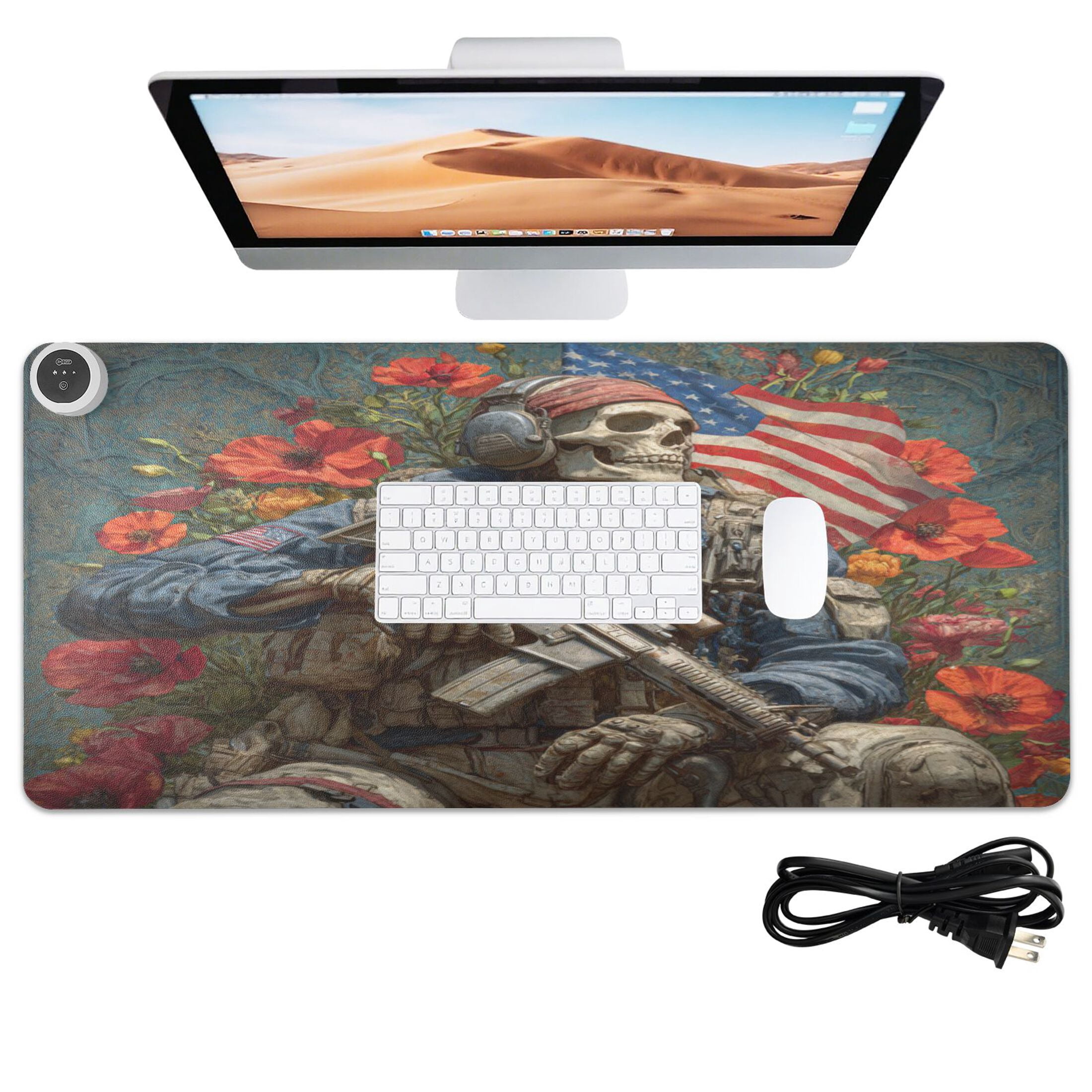 Large Heated Desk Mat Mouse Pad 31.5"x13"PU Leather Graphene Heating Desk Warmer with 3 Temperature Settings 110V US Plug Non-Slip Warm Pad for Home, Office, and Gaming Soldier Skull and Flowers