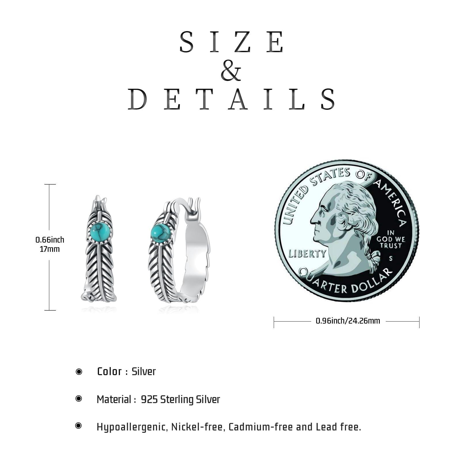Coachuhhar Feather Earrings 925 Sterling Silver Turquoise Hoop Earrings Western Jewelry Turquoise Feather Gifts for Women Birthday