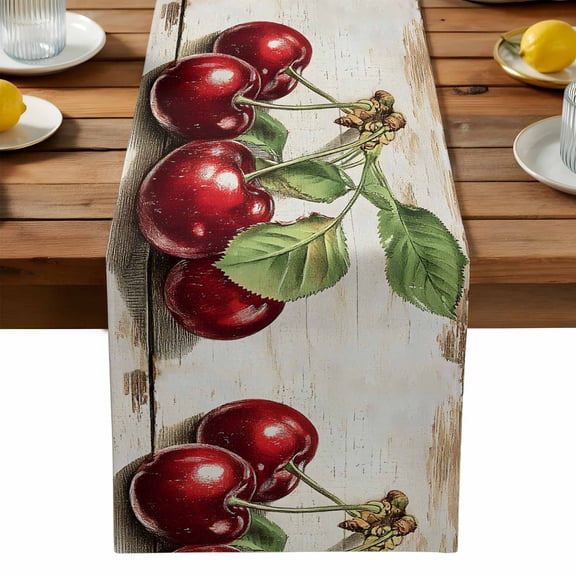 Cherry Watercolor Red Fruit Table Runner, Vintage Beige Leaf Kitchen Table Runners Dress Scarves for Table Decorations Party/Restaurant/Indoor Outdoor Use, 13x90in