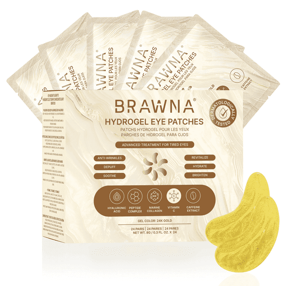 BRAWNA 24K Gold Hydrogel Under Eye Mask Patch with Vitamin C, Caffeine, Callogen, Peptides, Hyaluronic Acid - for Dark Circles, Puffy Eyes, Undereye Bags, Wrinkles - 24 Pairs