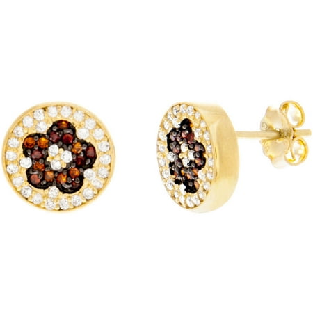 Lesa Michele Red and White Cubic Zirconia Two-Tone Sterling Silver Flower Post Earrings