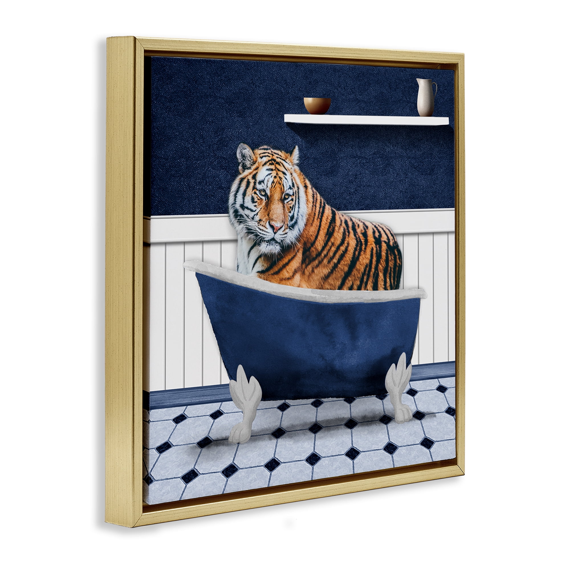 Stupell Industries Tiger in Blue Bathroom Bath & Laundry Painting Gold Floater Framed Canvas Art Print Wall Art, 18 x 18