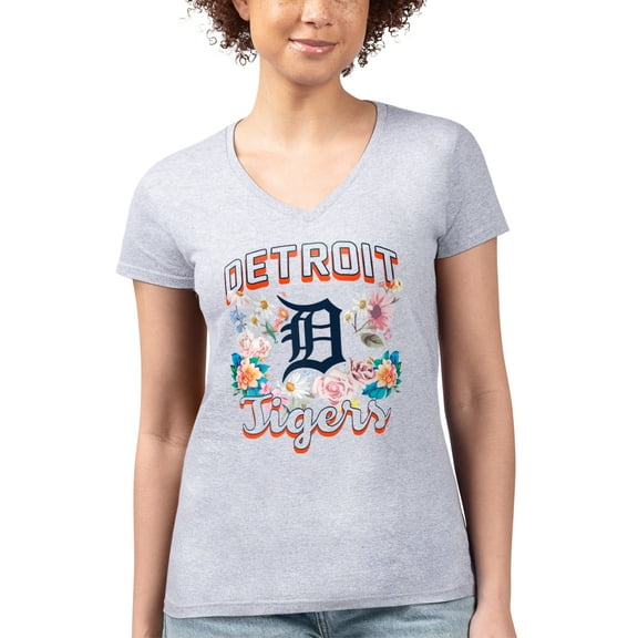 Women's G-III 4Her by Carl Banks Heather Gray Detroit Tigers Super-Slim Fit Lightweight Flowers Graphic V-Neck T-Shirt