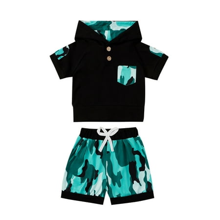 

Infant Baby Summer Tracksuit Camouflage Hooded T-Shirt + Elastic Shorts Set